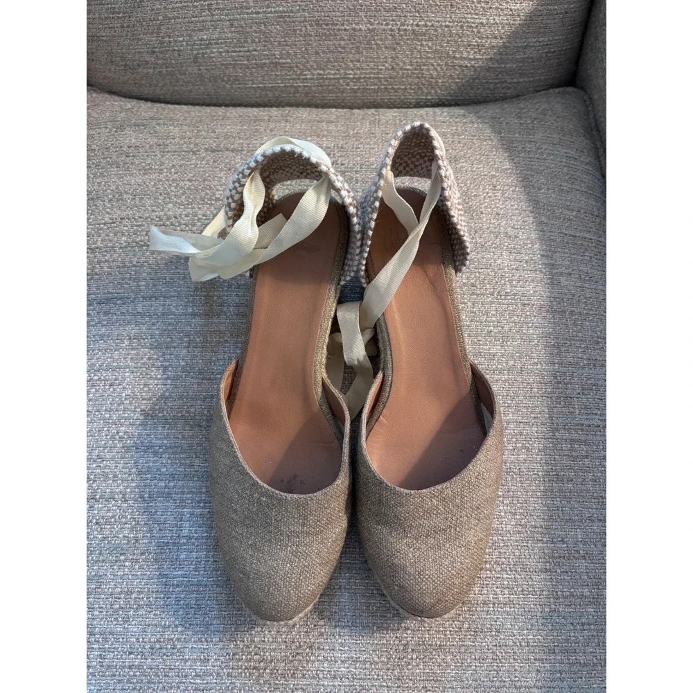 Castaner Carina Gold‎ Metallic Espadrille Wedge Sandals Ankle Tie Spain Size 38